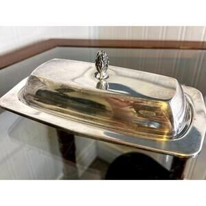 Vintage Silverplate Covered Butter Dish Rectangle w Finial Lid